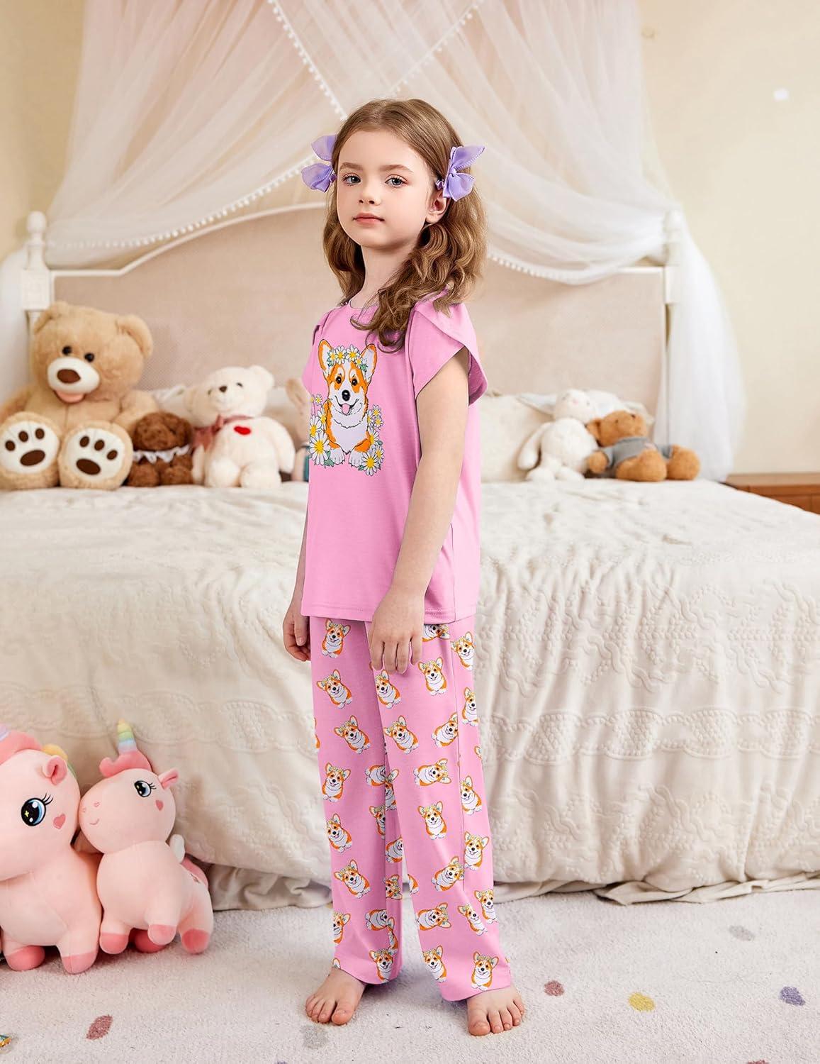 imageArshiner Pajamas for Girls Short Sleeve Long Pants Pjs Cute Soft Sleepwear Lounge SetsDaisy Dog