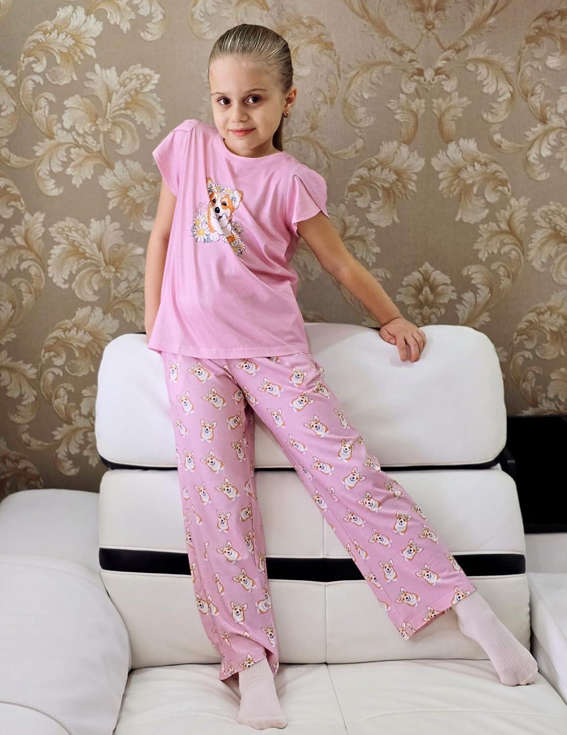 imageArshiner Pajamas for Girls Short Sleeve Long Pants Pjs Cute Soft Sleepwear Lounge SetsDaisy Dog