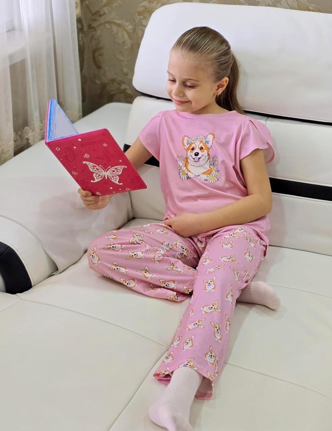 imageArshiner Pajamas for Girls Short Sleeve Long Pants Pjs Cute Soft Sleepwear Lounge SetsDaisy Dog