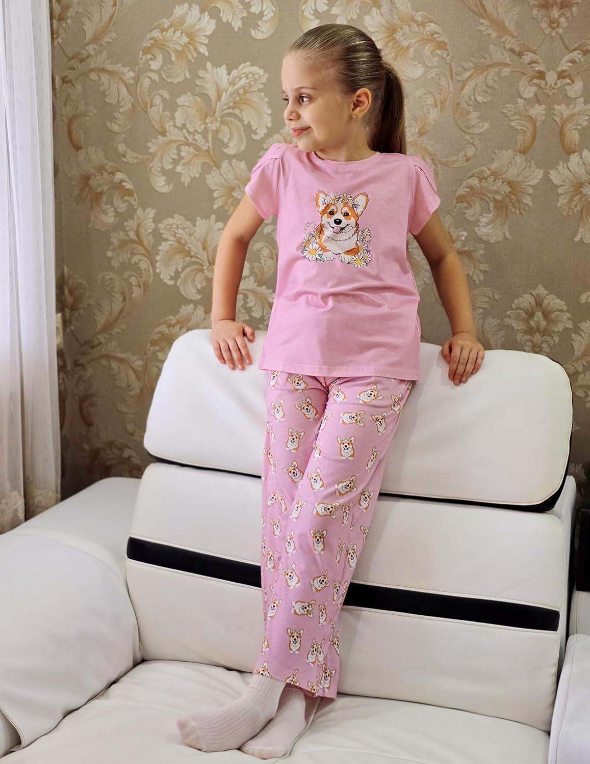 imageArshiner Pajamas for Girls Short Sleeve Long Pants Pjs Cute Soft Sleepwear Lounge SetsDaisy Dog