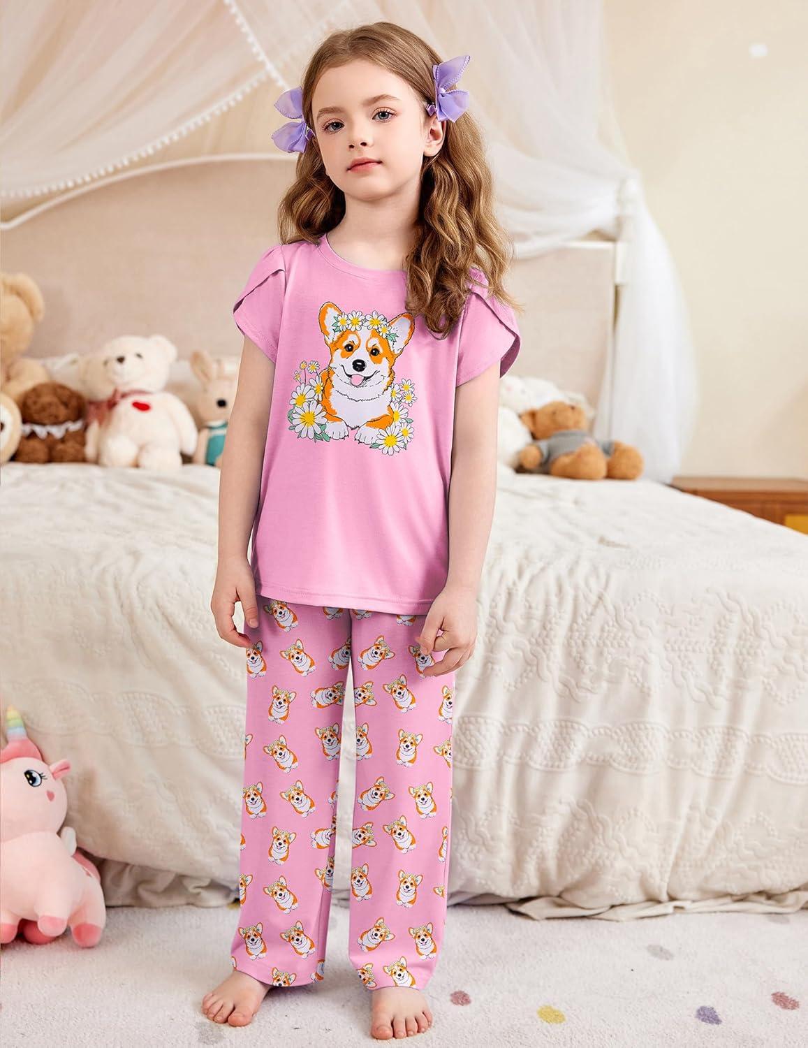 imageArshiner Pajamas for Girls Short Sleeve Long Pants Pjs Cute Soft Sleepwear Lounge SetsDaisy Dog