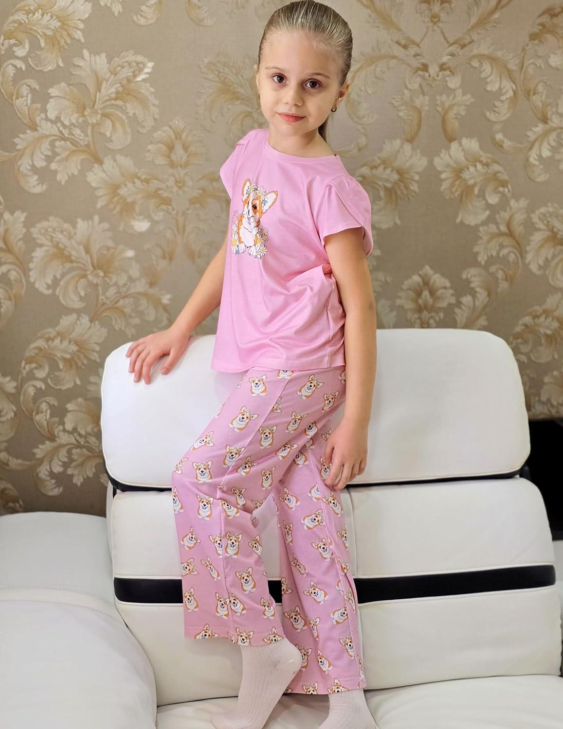 imageArshiner Pajamas for Girls Short Sleeve Long Pants Pjs Cute Soft Sleepwear Lounge SetsDaisy Dog