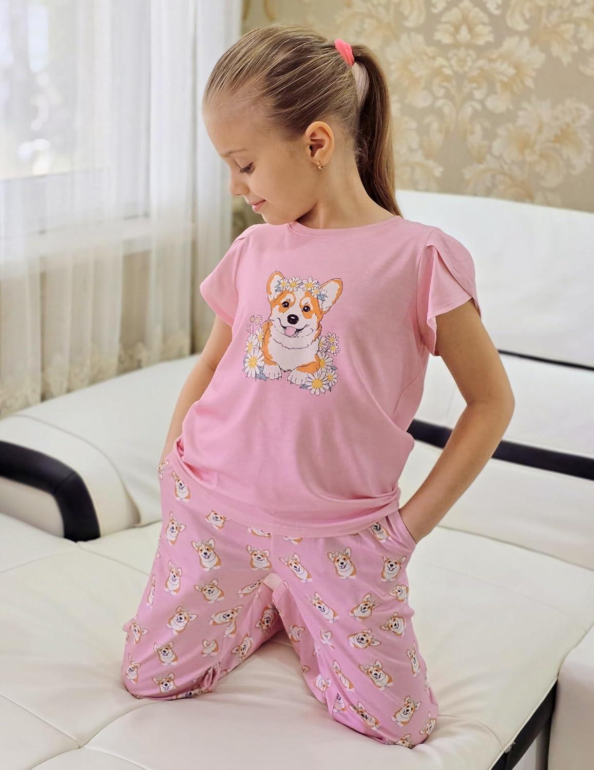 imageArshiner Pajamas for Girls Short Sleeve Long Pants Pjs Cute Soft Sleepwear Lounge SetsDaisy Dog
