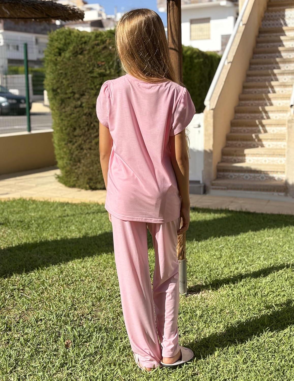 imageArshiner Pajamas for Girls Short Sleeve Long Pants Pjs Cute Soft Sleepwear Lounge SetsPink