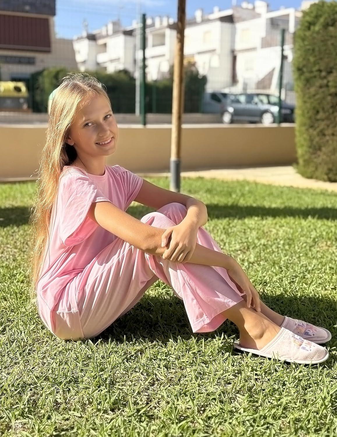 imageArshiner Pajamas for Girls Short Sleeve Long Pants Pjs Cute Soft Sleepwear Lounge SetsPink