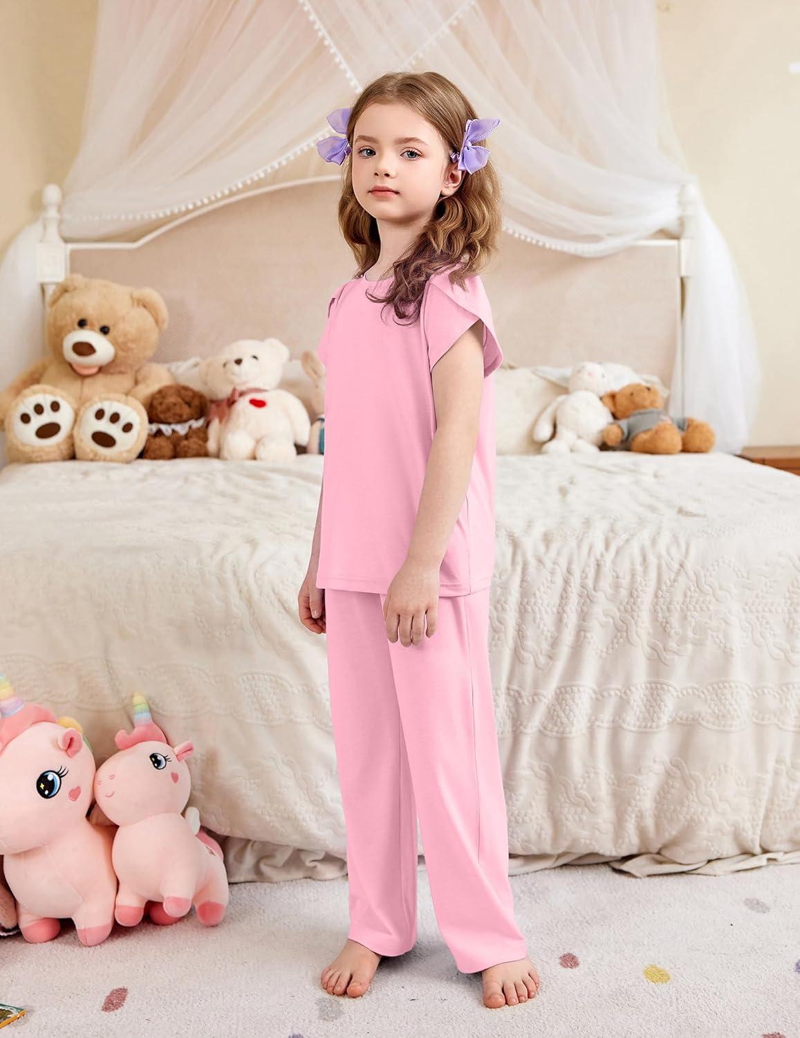 imageArshiner Pajamas for Girls Short Sleeve Long Pants Pjs Cute Soft Sleepwear Lounge SetsPink