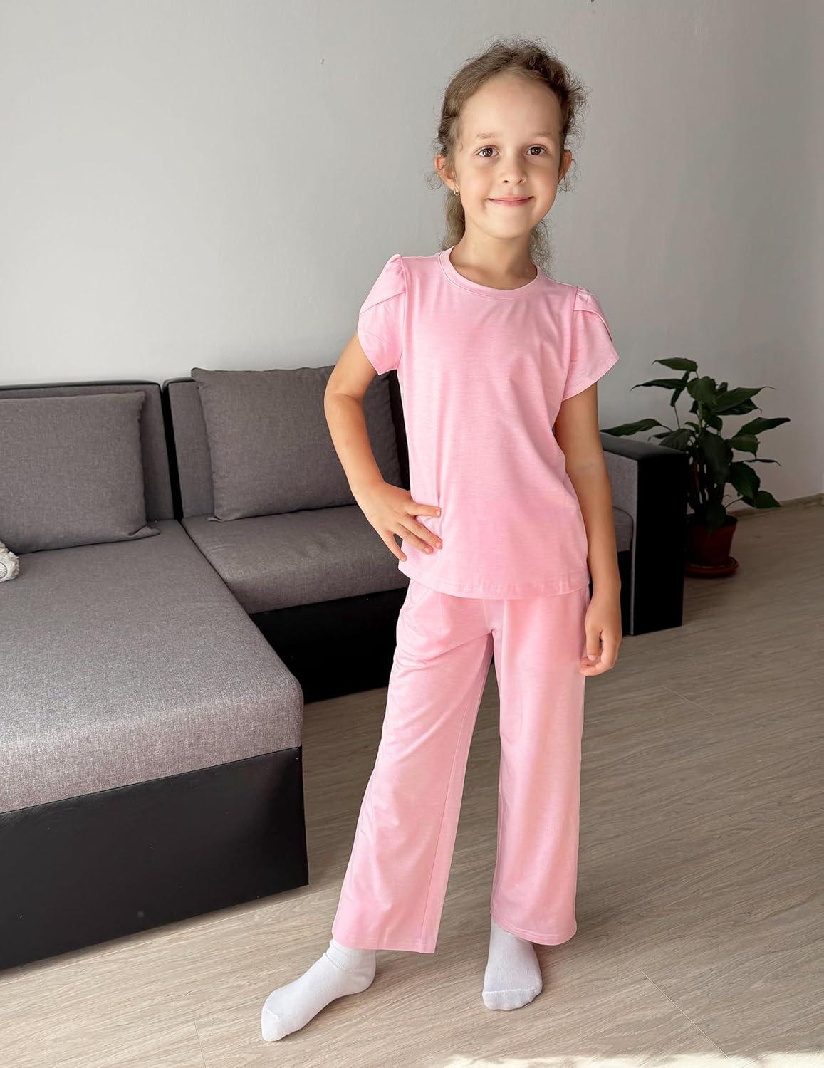 imageArshiner Pajamas for Girls Short Sleeve Long Pants Pjs Cute Soft Sleepwear Lounge SetsPink