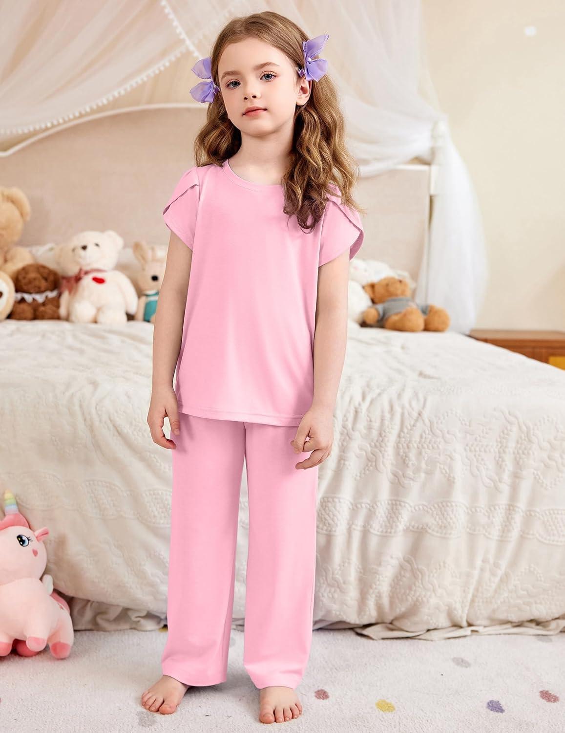 imageArshiner Pajamas for Girls Short Sleeve Long Pants Pjs Cute Soft Sleepwear Lounge SetsPink