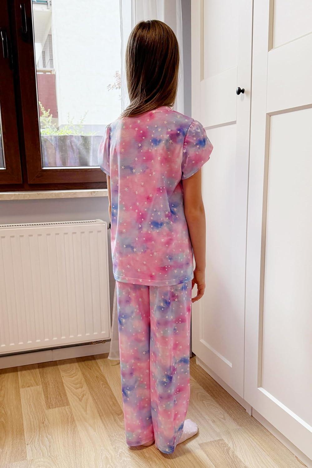 imageArshiner Pajamas for Girls Short Sleeve Long Pants Pjs Cute Soft Sleepwear Lounge SetsPink Purple Tie Dye