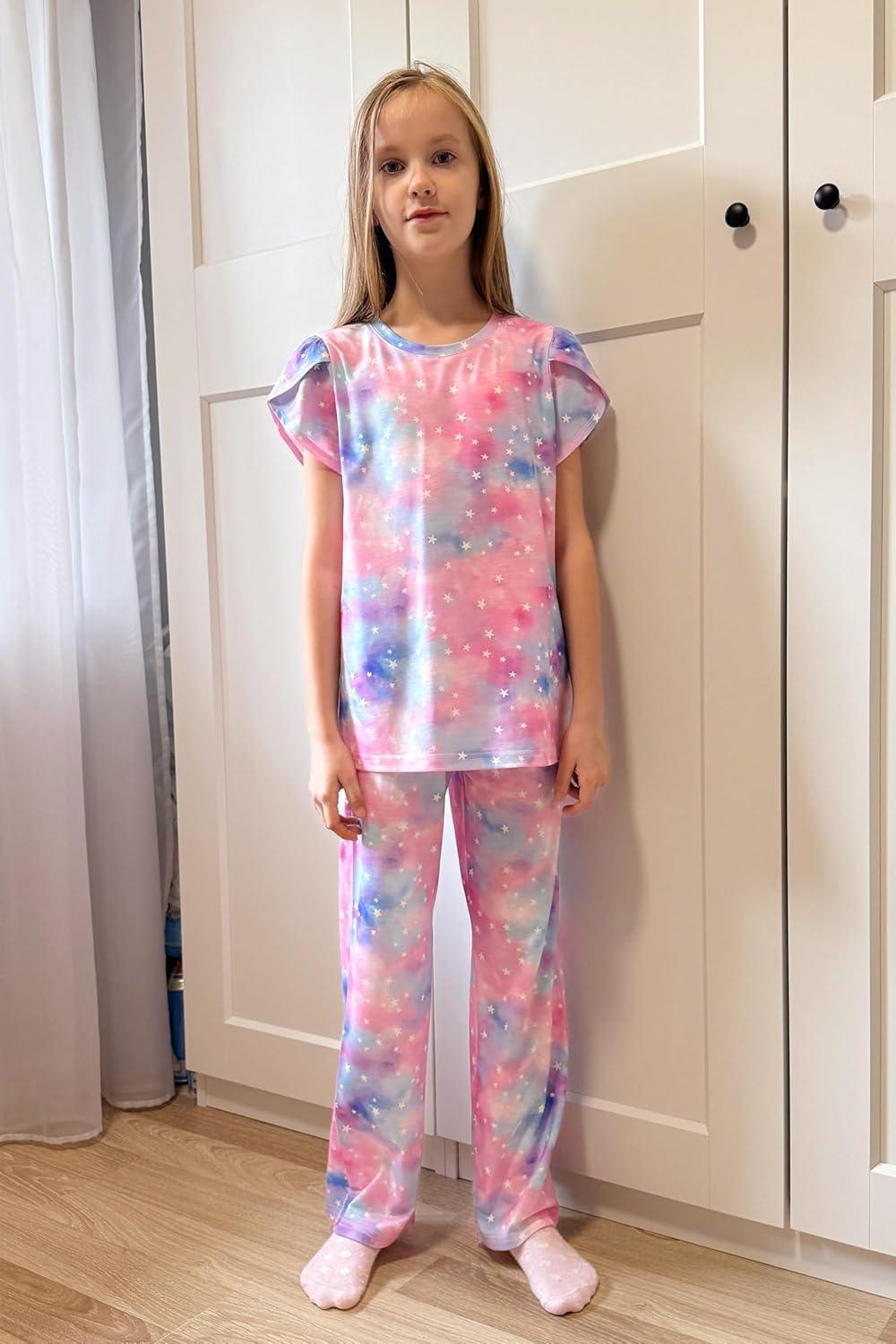 imageArshiner Pajamas for Girls Short Sleeve Long Pants Pjs Cute Soft Sleepwear Lounge SetsPink Purple Tie Dye