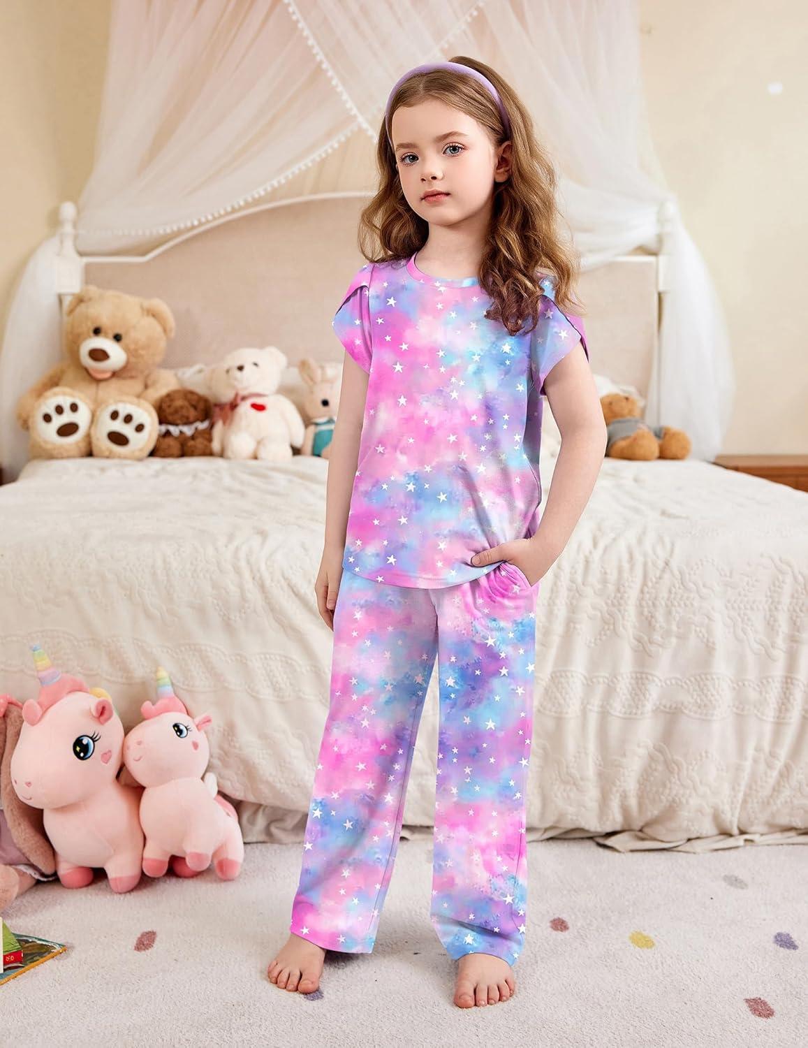 imageArshiner Pajamas for Girls Short Sleeve Long Pants Pjs Cute Soft Sleepwear Lounge SetsPink Purple Tie Dye