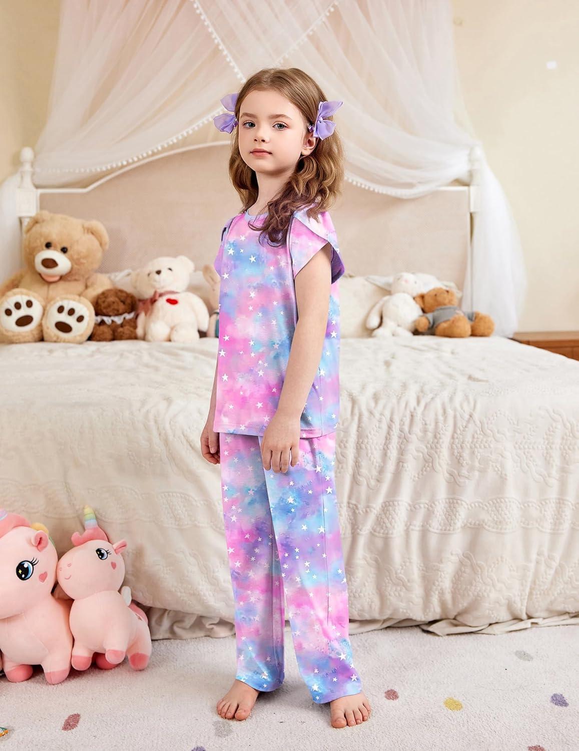 imageArshiner Pajamas for Girls Short Sleeve Long Pants Pjs Cute Soft Sleepwear Lounge SetsPink Purple Tie Dye