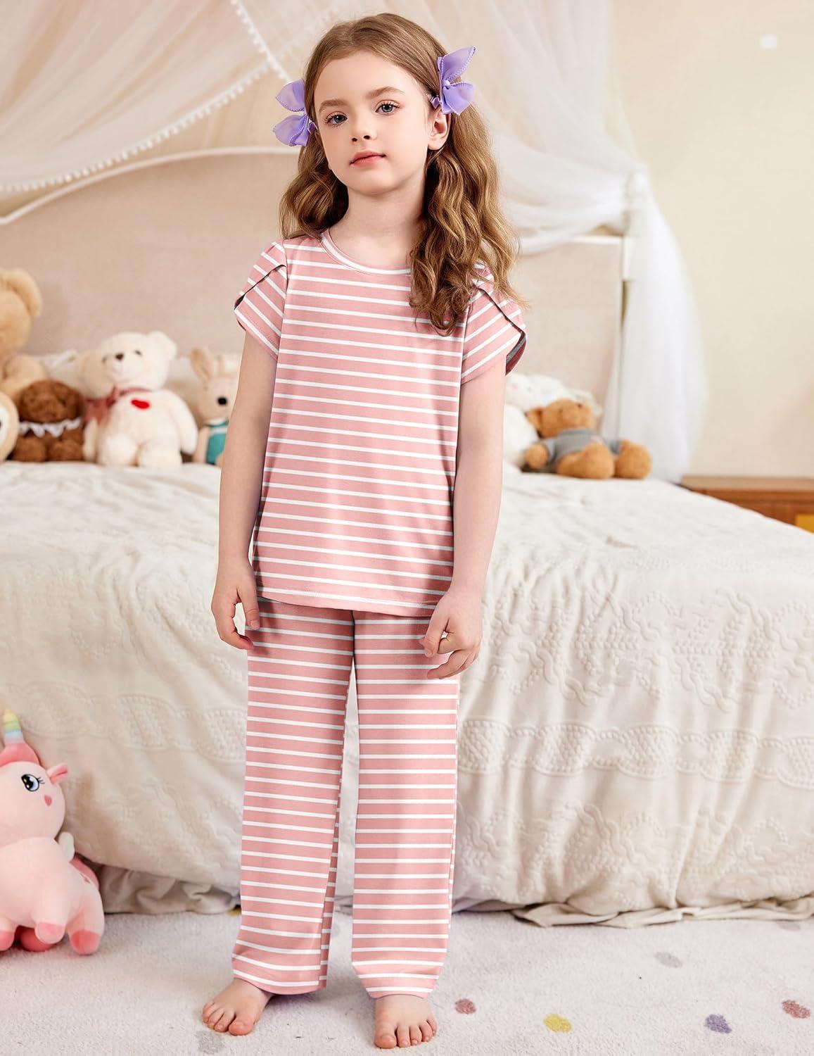 imageArshiner Pajamas for Girls Short Sleeve Long Pants Pjs Cute Soft Sleepwear Lounge SetsPink Stripe