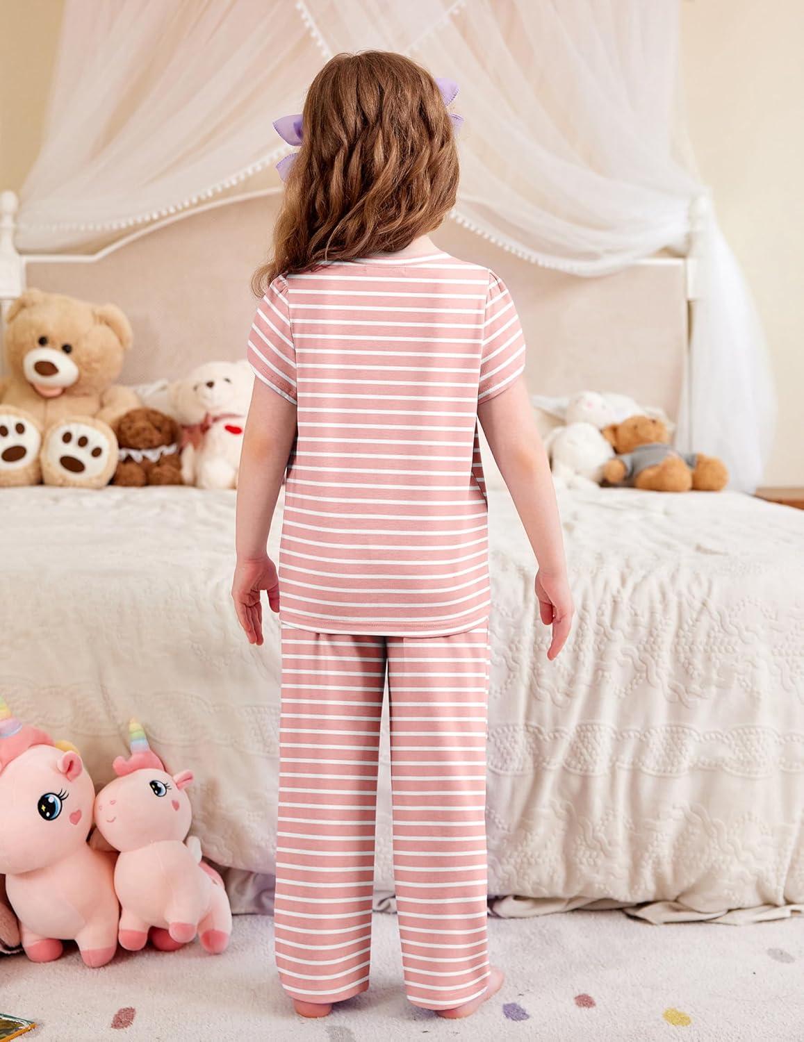 imageArshiner Pajamas for Girls Short Sleeve Long Pants Pjs Cute Soft Sleepwear Lounge SetsPink Stripe