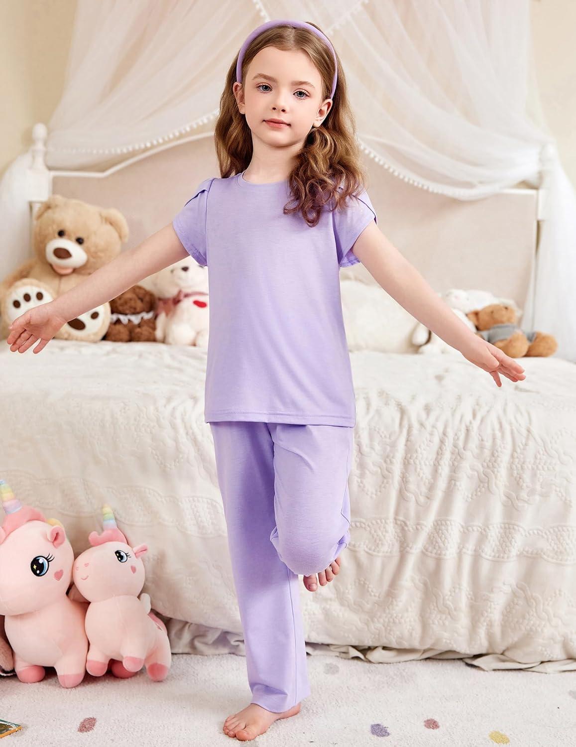 imageArshiner Pajamas for Girls Short Sleeve Long Pants Pjs Cute Soft Sleepwear Lounge SetsPurple