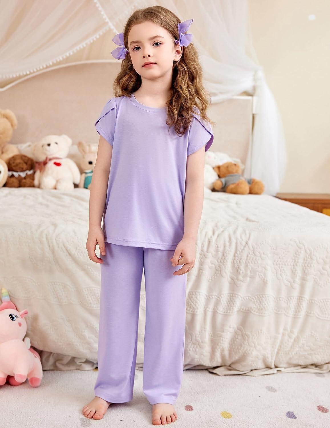 imageArshiner Pajamas for Girls Short Sleeve Long Pants Pjs Cute Soft Sleepwear Lounge SetsPurple