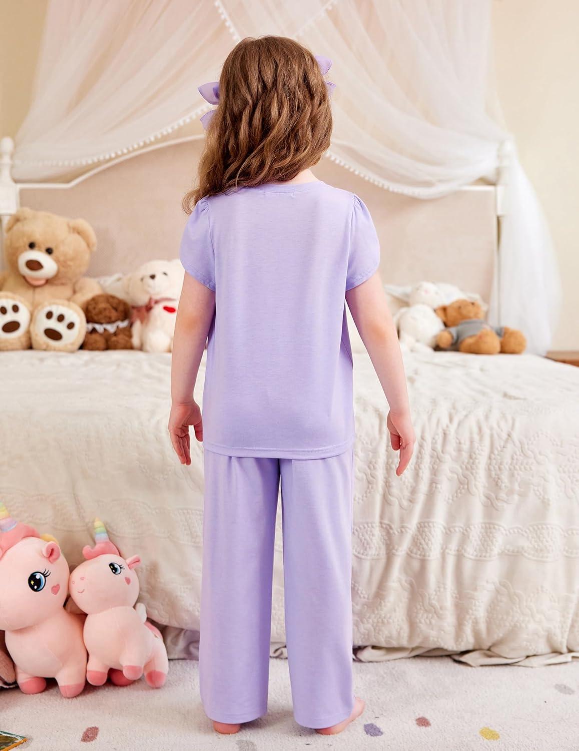imageArshiner Pajamas for Girls Short Sleeve Long Pants Pjs Cute Soft Sleepwear Lounge SetsPurple