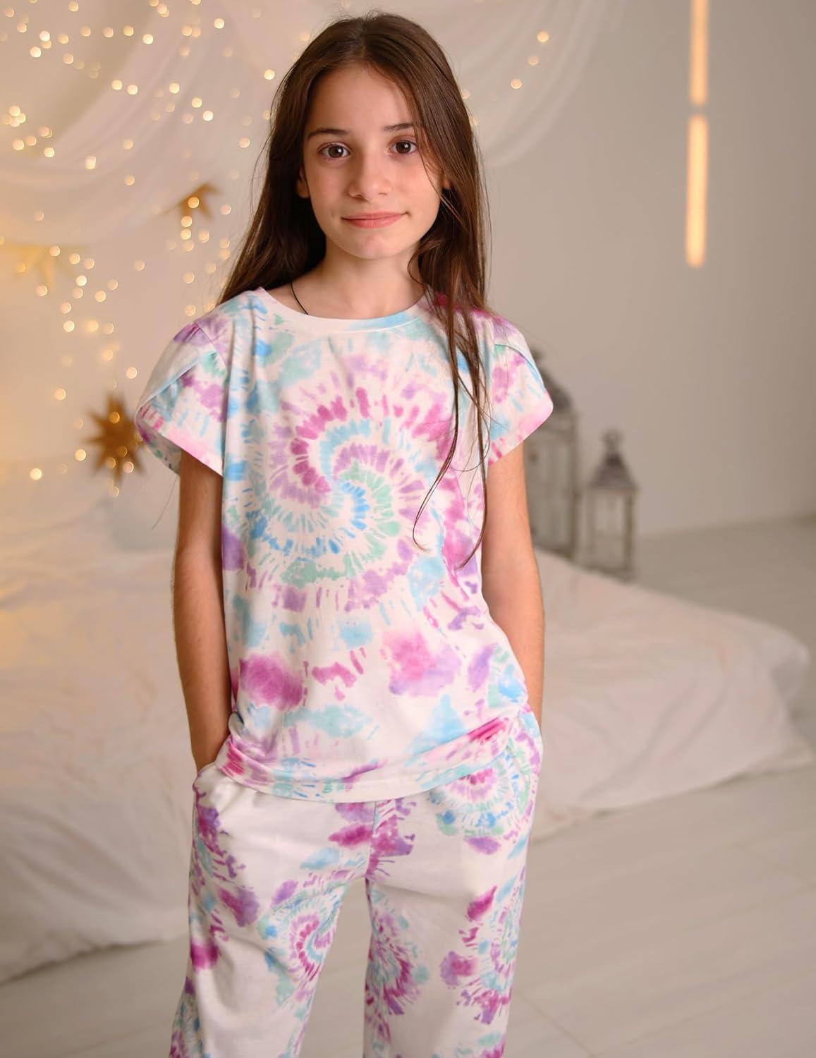 imageArshiner Pajamas for Girls Short Sleeve Long Pants Pjs Cute Soft Sleepwear Lounge SetsTie Dye Swirls