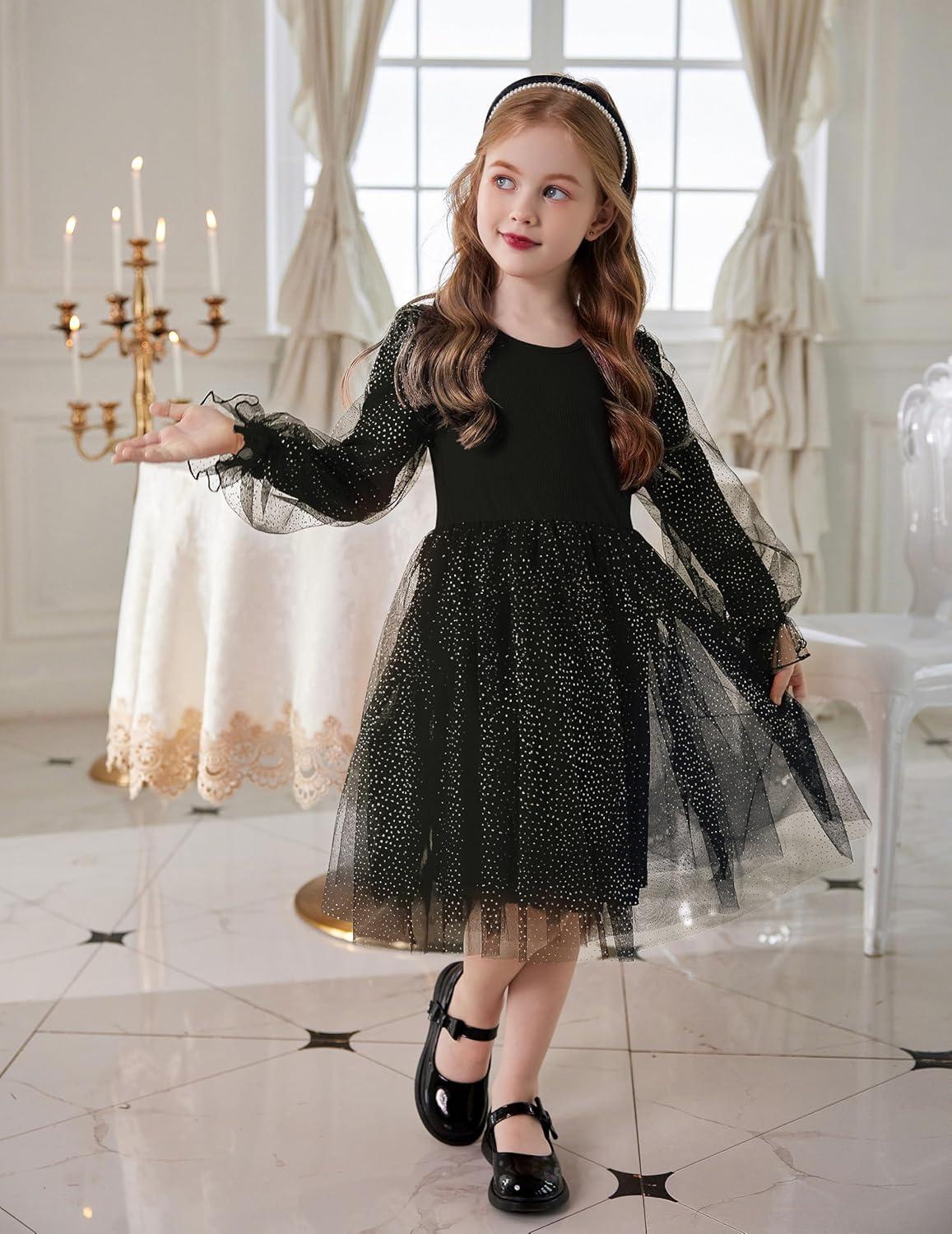 imageArshiner Toddler Christmas Dress Girls Sequin Tulle Puff Long Sleeves Tutu Dress Princess Birthday Party Clothes 16TBlack Glitter Tulle