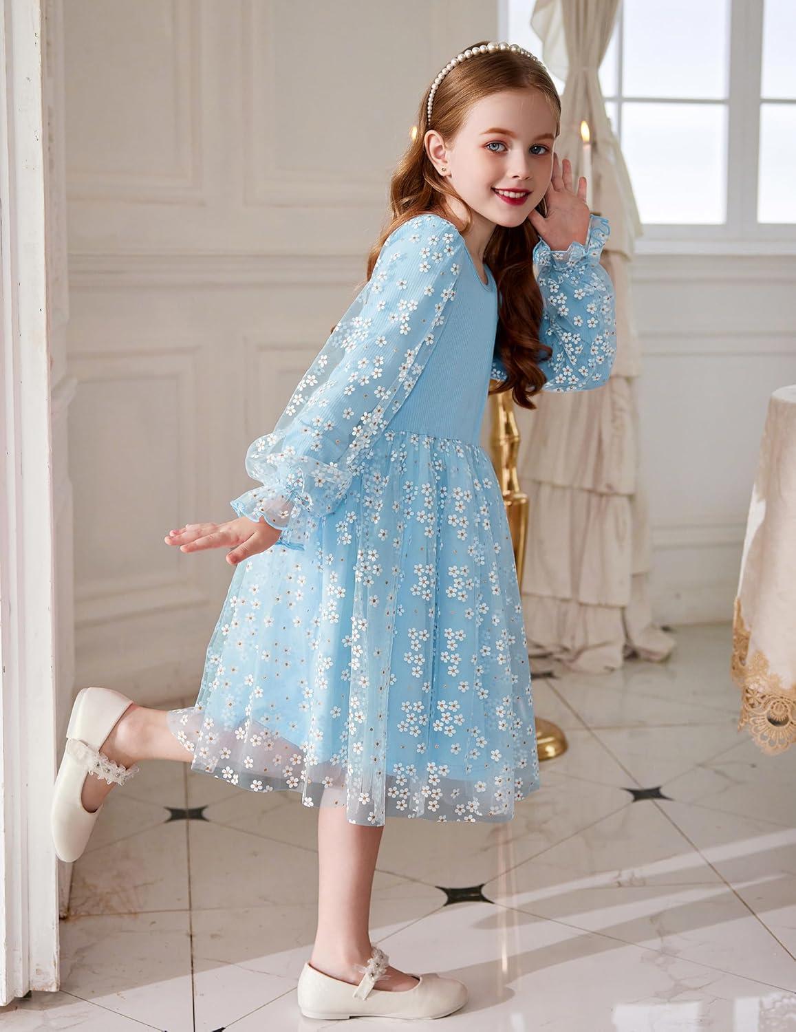 imageArshiner Toddler Christmas Dress Girls Sequin Tulle Puff Long Sleeves Tutu Dress Princess Birthday Party Clothes 16TBlue Daisy Tulle