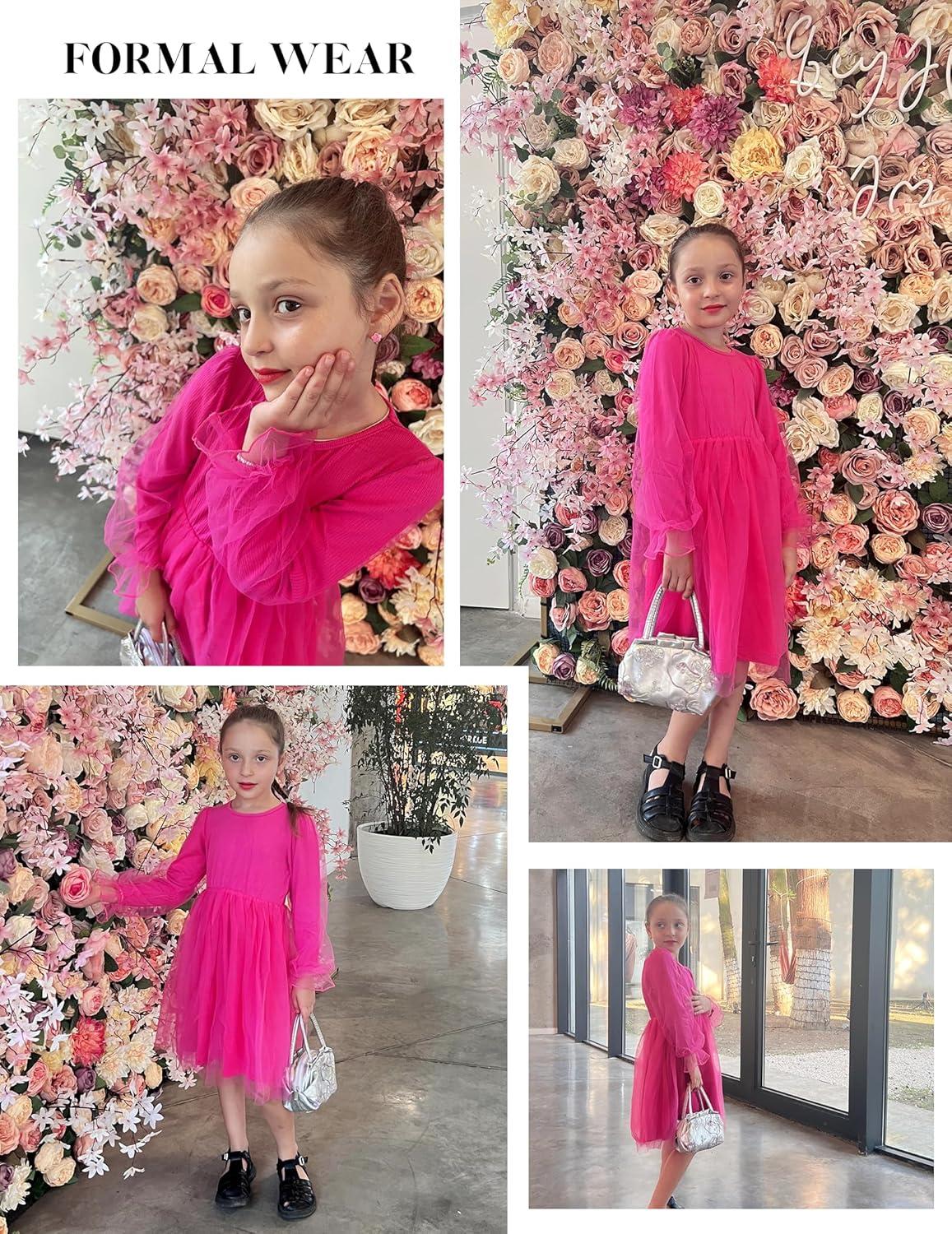 imageArshiner Toddler Christmas Dress Girls Sequin Tulle Puff Long Sleeves Tutu Dress Princess Birthday Party Clothes 16TDeep Pink Solid Tulle