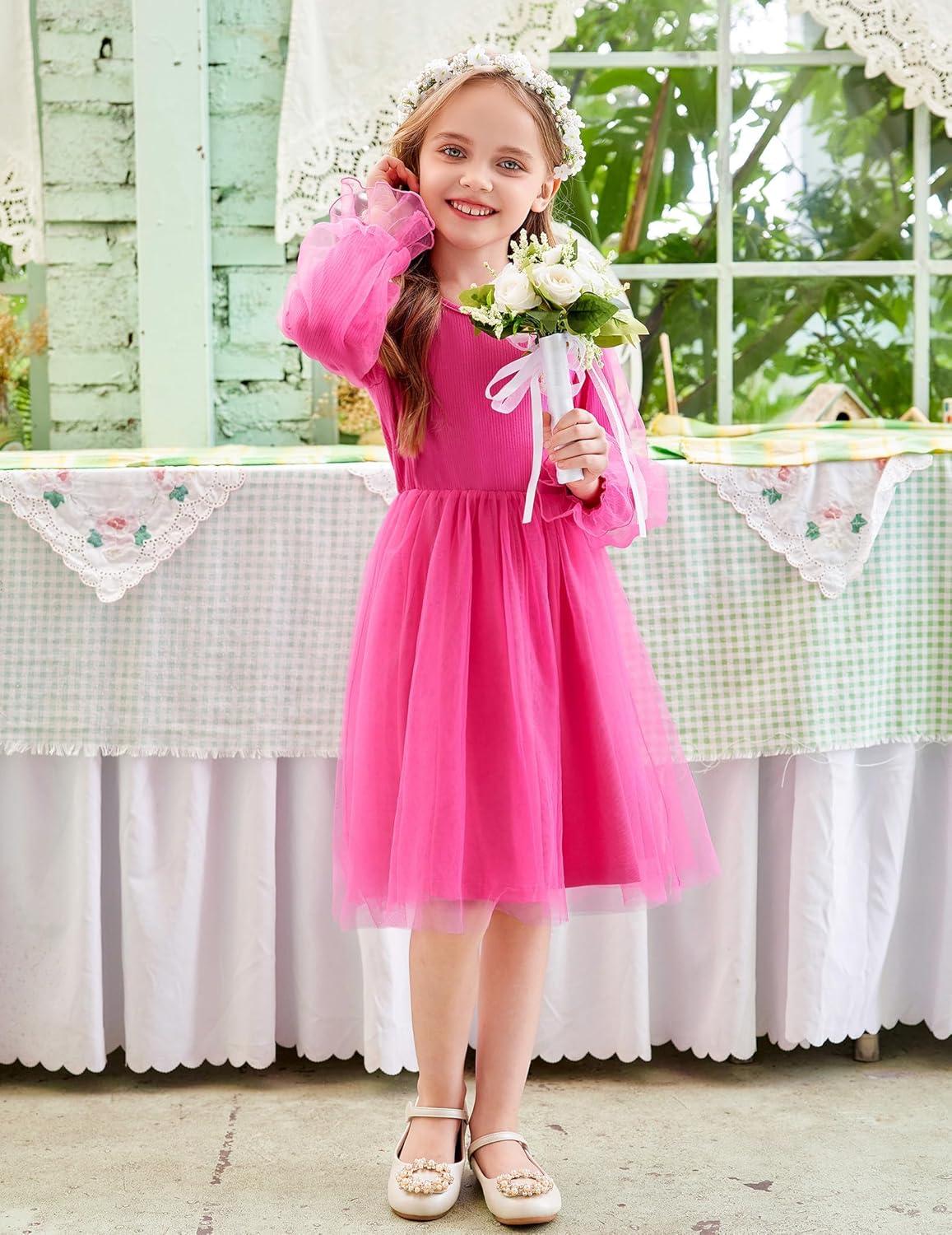 imageArshiner Toddler Christmas Dress Girls Sequin Tulle Puff Long Sleeves Tutu Dress Princess Birthday Party Clothes 16TDeep Pink Solid Tulle