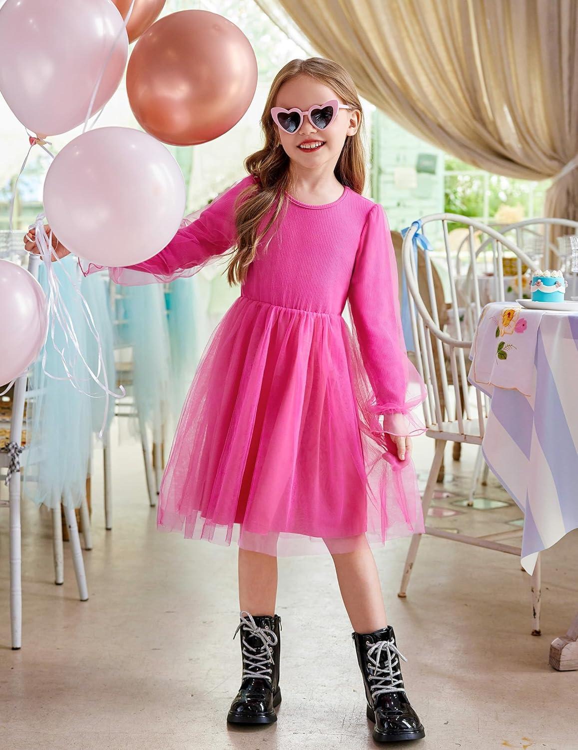 imageArshiner Toddler Christmas Dress Girls Sequin Tulle Puff Long Sleeves Tutu Dress Princess Birthday Party Clothes 16TDeep Pink Solid Tulle