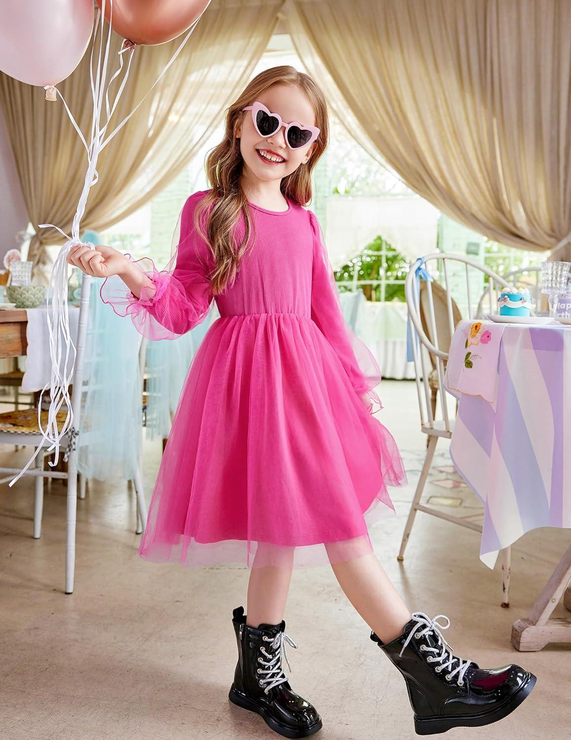 imageArshiner Toddler Christmas Dress Girls Sequin Tulle Puff Long Sleeves Tutu Dress Princess Birthday Party Clothes 16TDeep Pink Solid Tulle