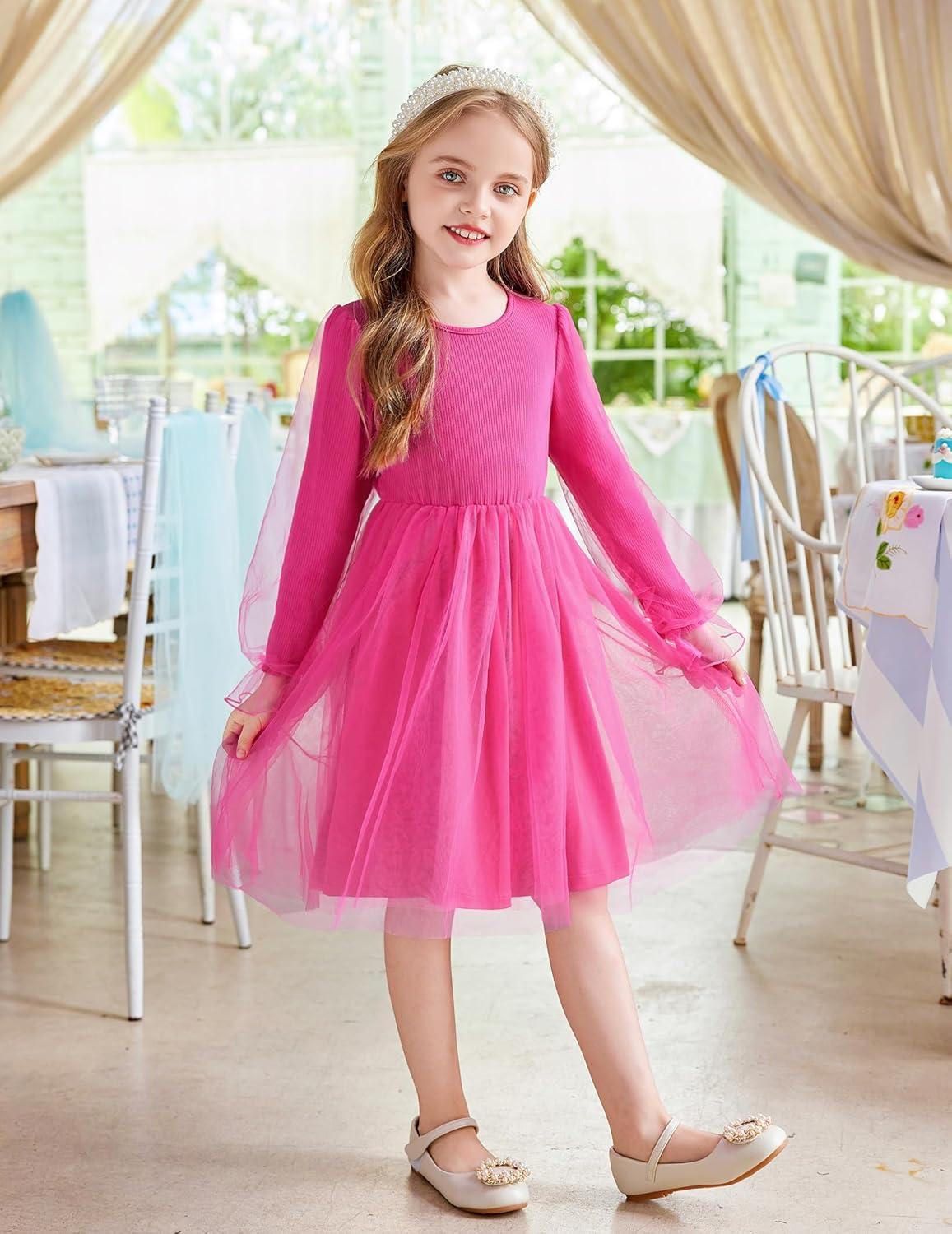 imageArshiner Toddler Christmas Dress Girls Sequin Tulle Puff Long Sleeves Tutu Dress Princess Birthday Party Clothes 16TDeep Pink Solid Tulle