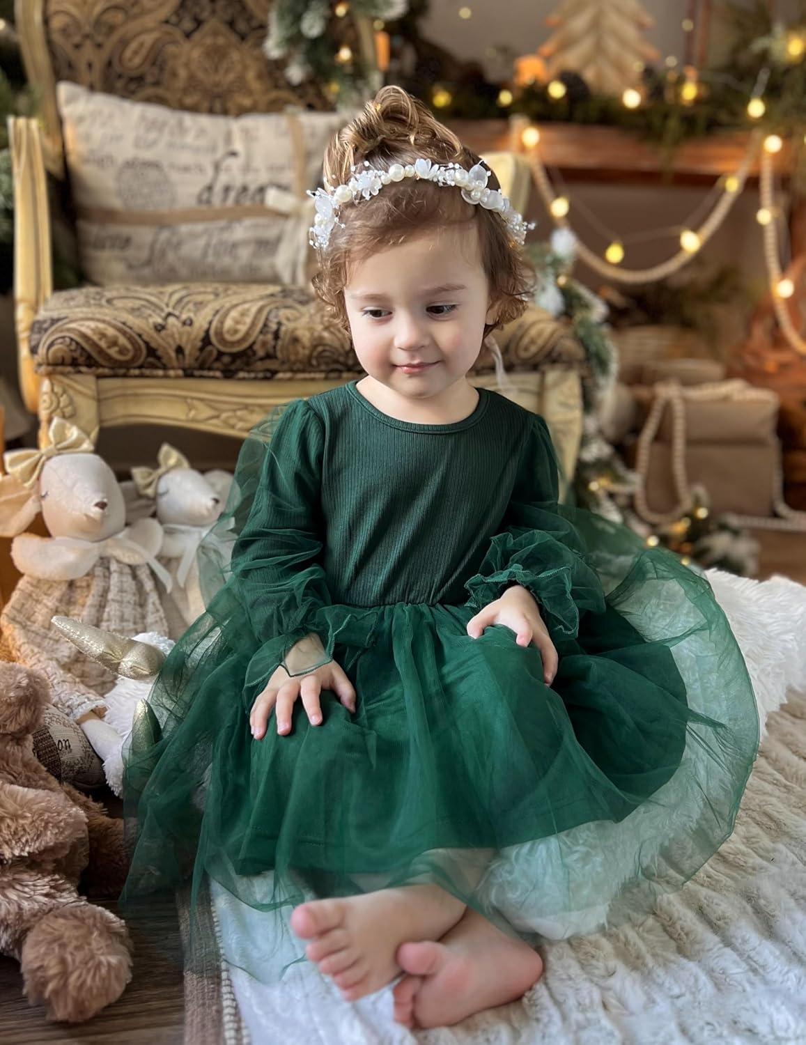 imageArshiner Toddler Christmas Dress Girls Sequin Tulle Puff Long Sleeves Tutu Dress Princess Birthday Party Clothes 16TGreen Solid Tulle