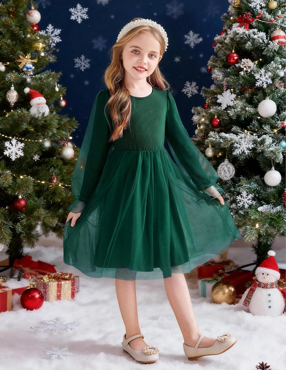 imageArshiner Toddler Christmas Dress Girls Sequin Tulle Puff Long Sleeves Tutu Dress Princess Birthday Party Clothes 16TGreen Solid Tulle