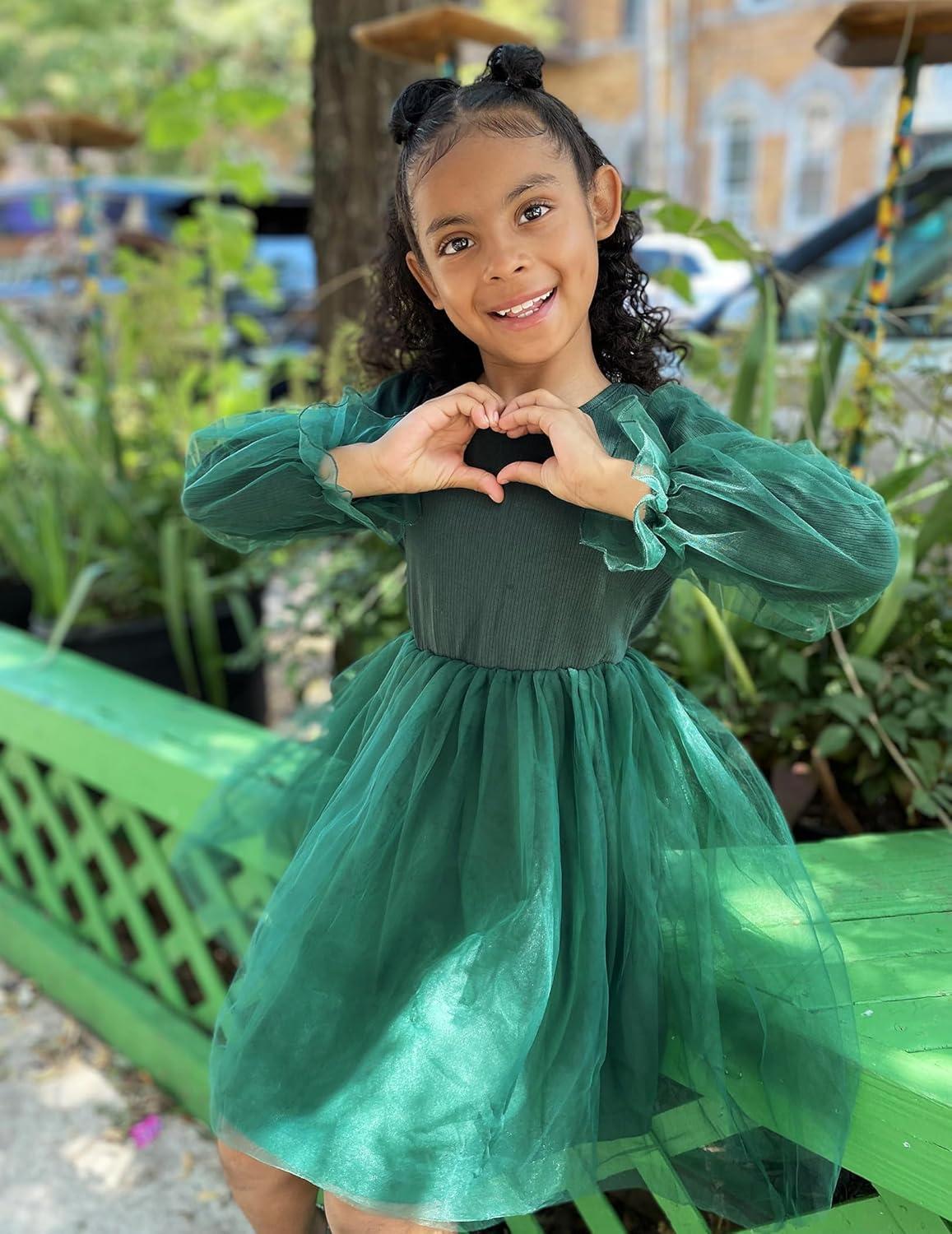 imageArshiner Toddler Christmas Dress Girls Sequin Tulle Puff Long Sleeves Tutu Dress Princess Birthday Party Clothes 16TGreen Solid Tulle