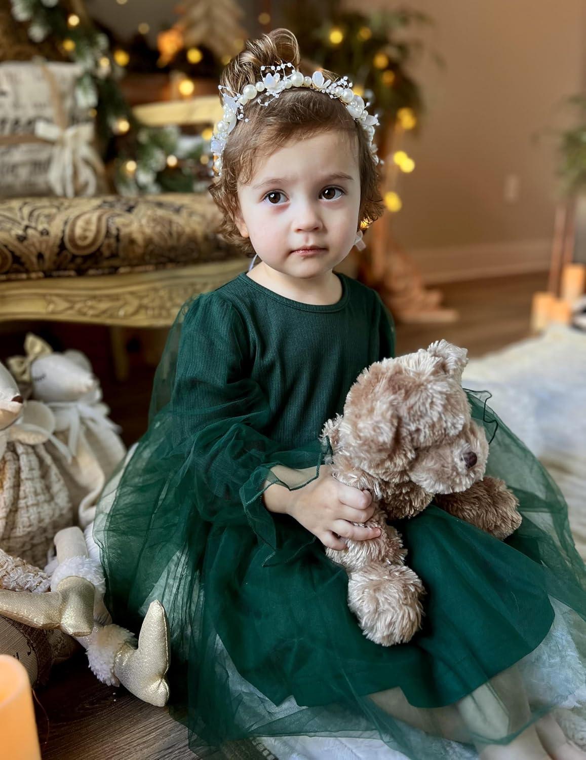 imageArshiner Toddler Christmas Dress Girls Sequin Tulle Puff Long Sleeves Tutu Dress Princess Birthday Party Clothes 16TGreen Solid Tulle