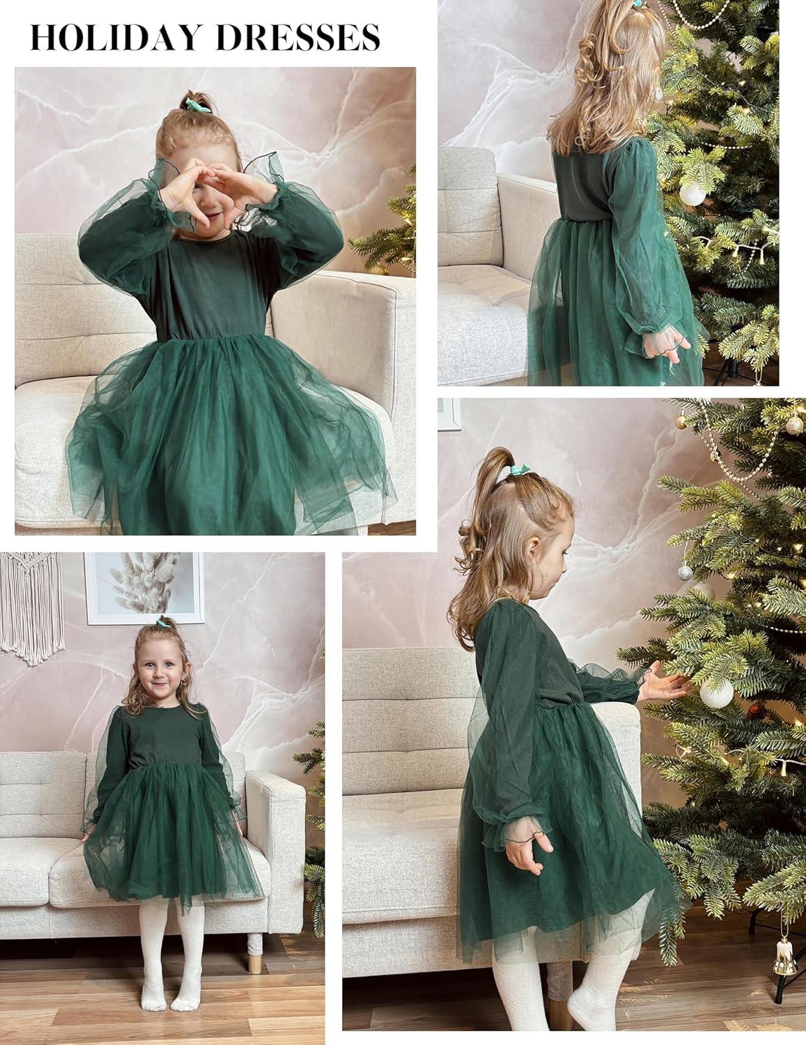imageArshiner Toddler Christmas Dress Girls Sequin Tulle Puff Long Sleeves Tutu Dress Princess Birthday Party Clothes 16TGreen Solid Tulle