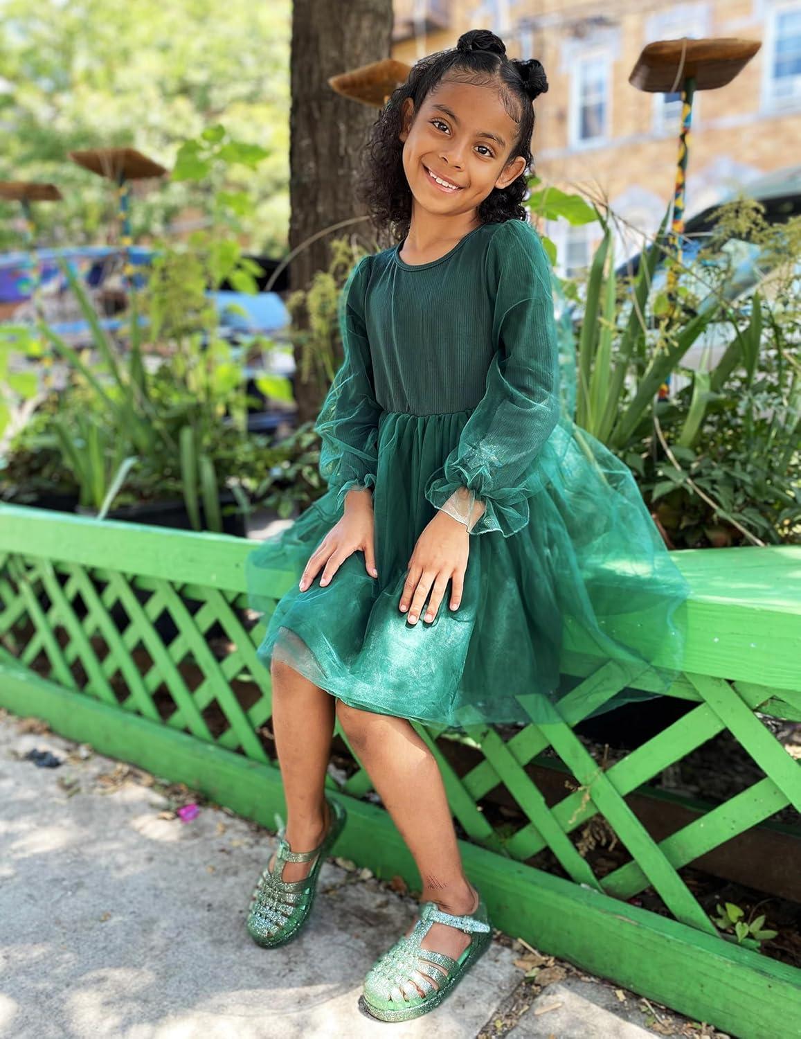 imageArshiner Toddler Christmas Dress Girls Sequin Tulle Puff Long Sleeves Tutu Dress Princess Birthday Party Clothes 16TGreen Solid Tulle