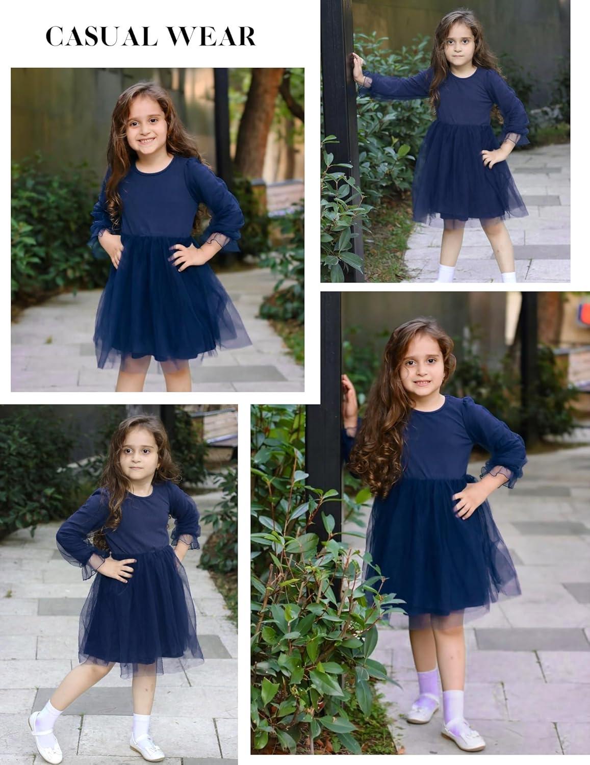 imageArshiner Toddler Christmas Dress Girls Sequin Tulle Puff Long Sleeves Tutu Dress Princess Birthday Party Clothes 16TNavy Blue Solid Tulle