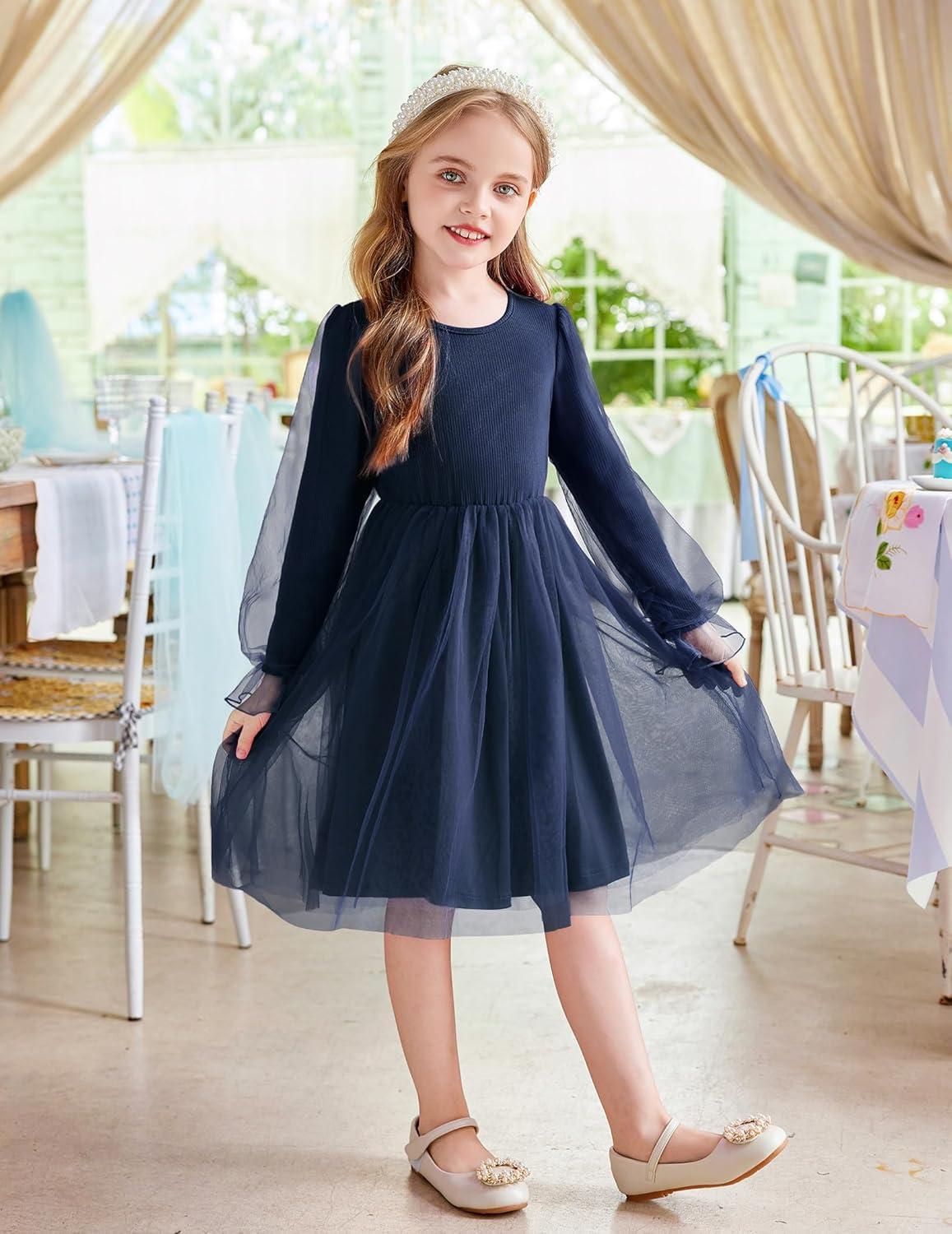 imageArshiner Toddler Christmas Dress Girls Sequin Tulle Puff Long Sleeves Tutu Dress Princess Birthday Party Clothes 16TNavy Blue Solid Tulle