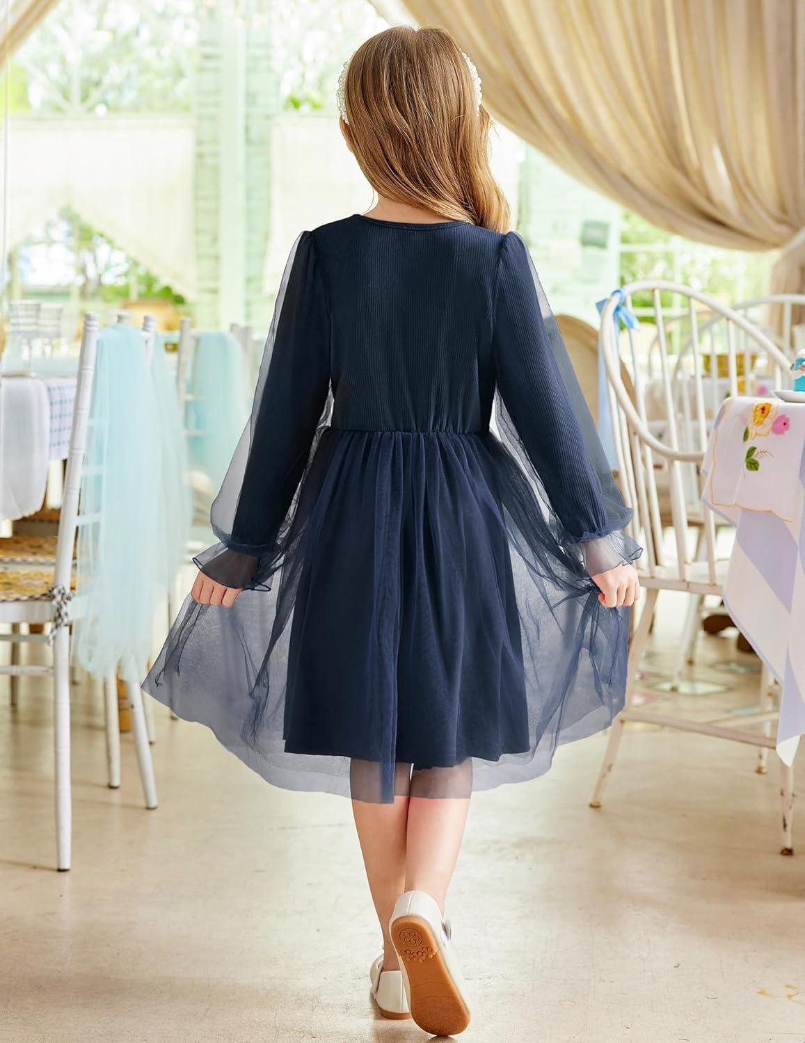 imageArshiner Toddler Christmas Dress Girls Sequin Tulle Puff Long Sleeves Tutu Dress Princess Birthday Party Clothes 16TNavy Blue Solid Tulle