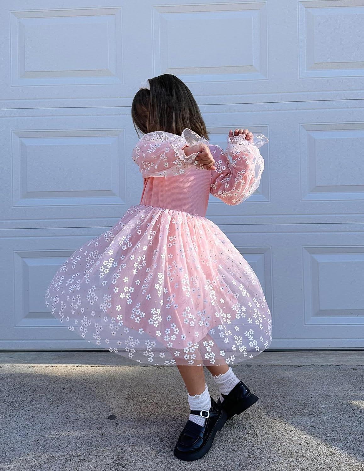 imageArshiner Toddler Christmas Dress Girls Sequin Tulle Puff Long Sleeves Tutu Dress Princess Birthday Party Clothes 16TPink Daisy Tulle