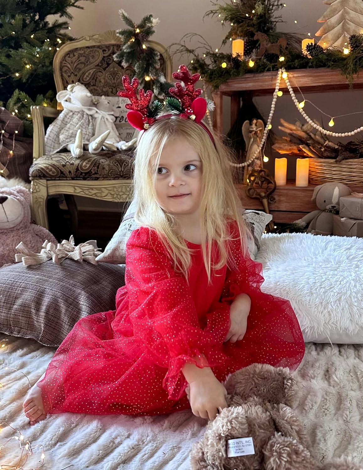 imageArshiner Toddler Christmas Dress Girls Sequin Tulle Puff Long Sleeves Tutu Dress Princess Birthday Party Clothes 16TRed Glitter Tulle