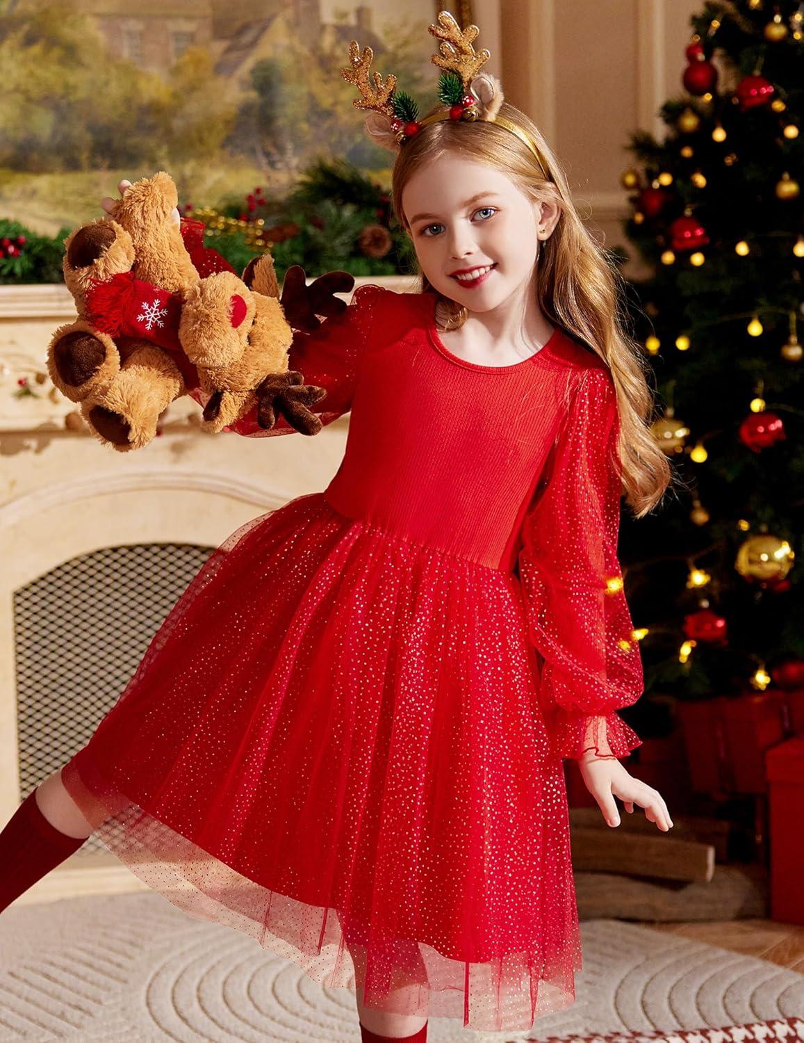 imageArshiner Toddler Christmas Dress Girls Sequin Tulle Puff Long Sleeves Tutu Dress Princess Birthday Party Clothes 16TRed Glitter Tulle