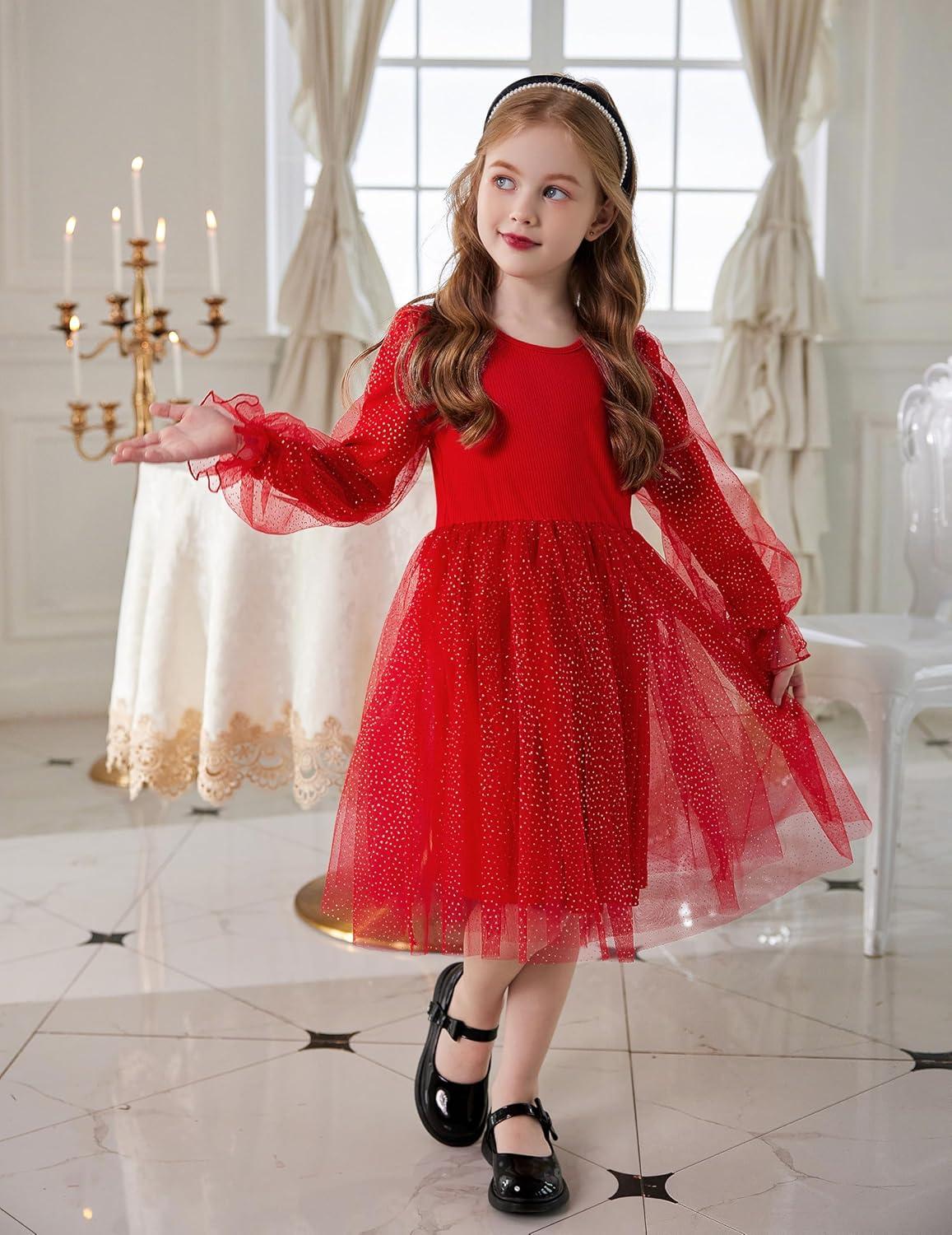 imageArshiner Toddler Christmas Dress Girls Sequin Tulle Puff Long Sleeves Tutu Dress Princess Birthday Party Clothes 16TRed Glitter Tulle