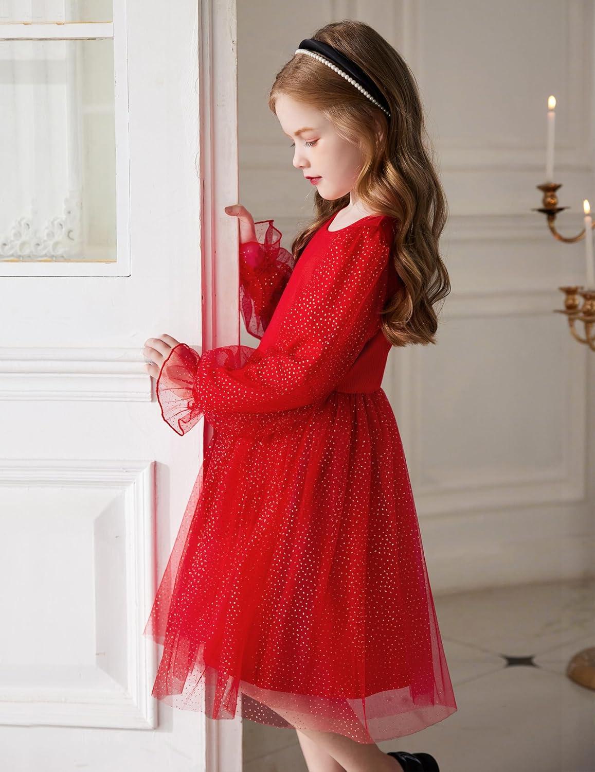 imageArshiner Toddler Christmas Dress Girls Sequin Tulle Puff Long Sleeves Tutu Dress Princess Birthday Party Clothes 16TRed Glitter Tulle
