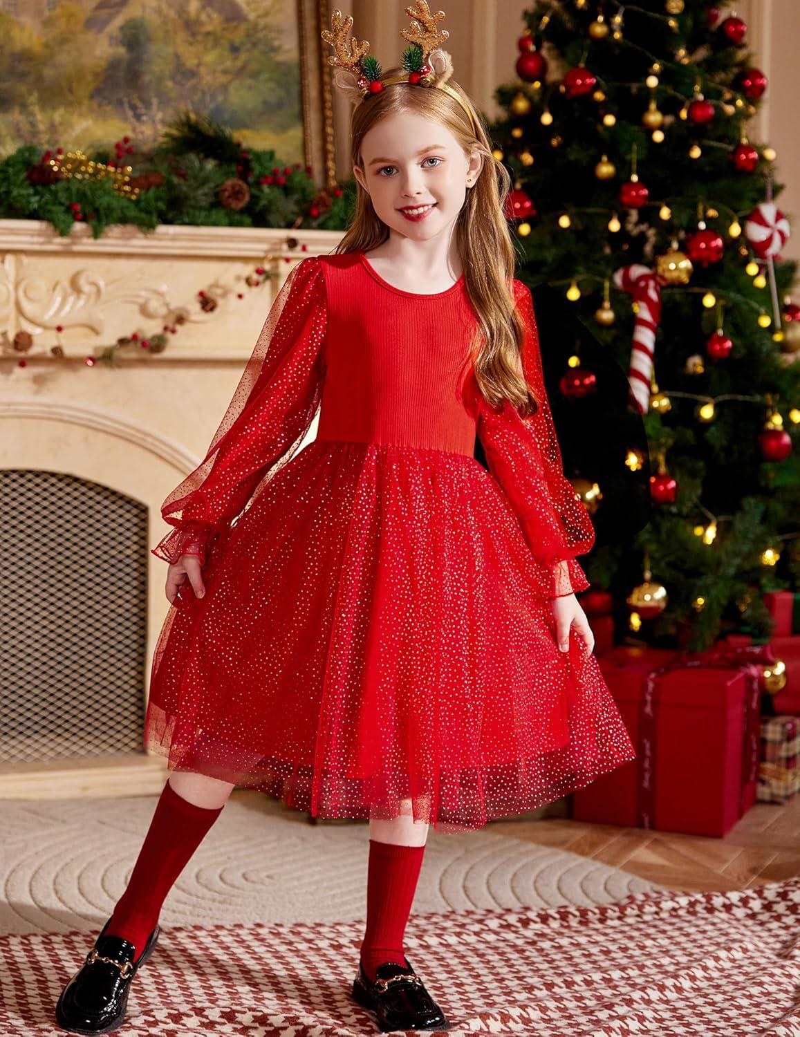 imageArshiner Toddler Christmas Dress Girls Sequin Tulle Puff Long Sleeves Tutu Dress Princess Birthday Party Clothes 16TRed Glitter Tulle