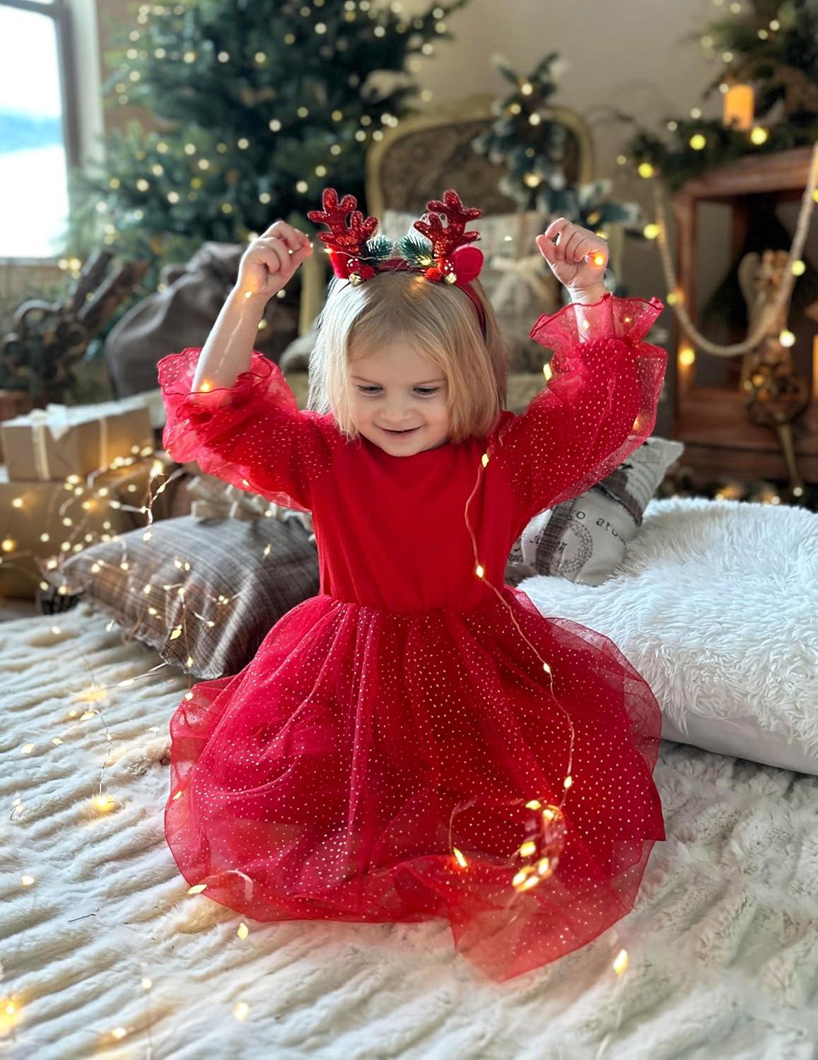 imageArshiner Toddler Christmas Dress Girls Sequin Tulle Puff Long Sleeves Tutu Dress Princess Birthday Party Clothes 16TRed Glitter Tulle
