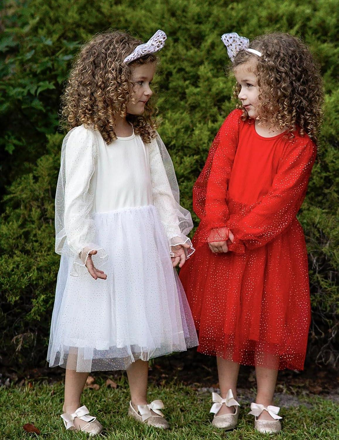 imageArshiner Toddler Christmas Dress Girls Sequin Tulle Puff Long Sleeves Tutu Dress Princess Birthday Party Clothes 16TWhite Glitter Tulle