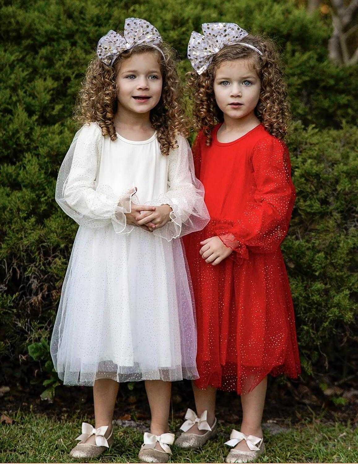 imageArshiner Toddler Christmas Dress Girls Sequin Tulle Puff Long Sleeves Tutu Dress Princess Birthday Party Clothes 16TWhite Glitter Tulle