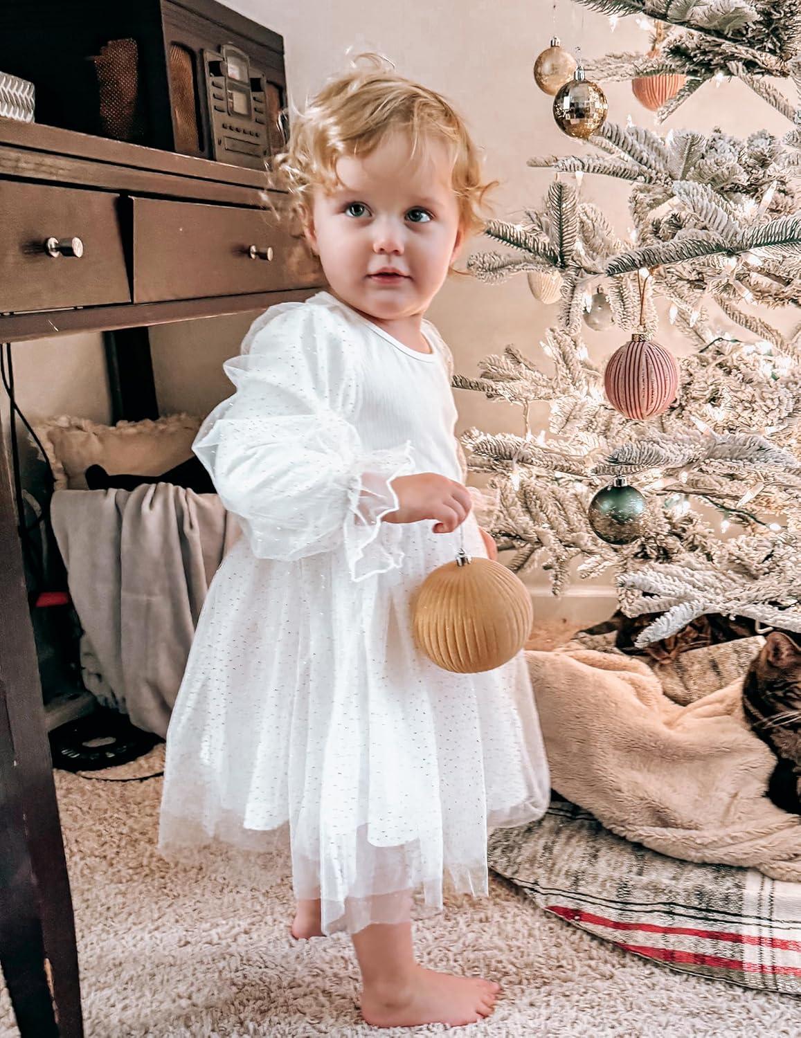 imageArshiner Toddler Christmas Dress Girls Sequin Tulle Puff Long Sleeves Tutu Dress Princess Birthday Party Clothes 16TWhite Glitter Tulle