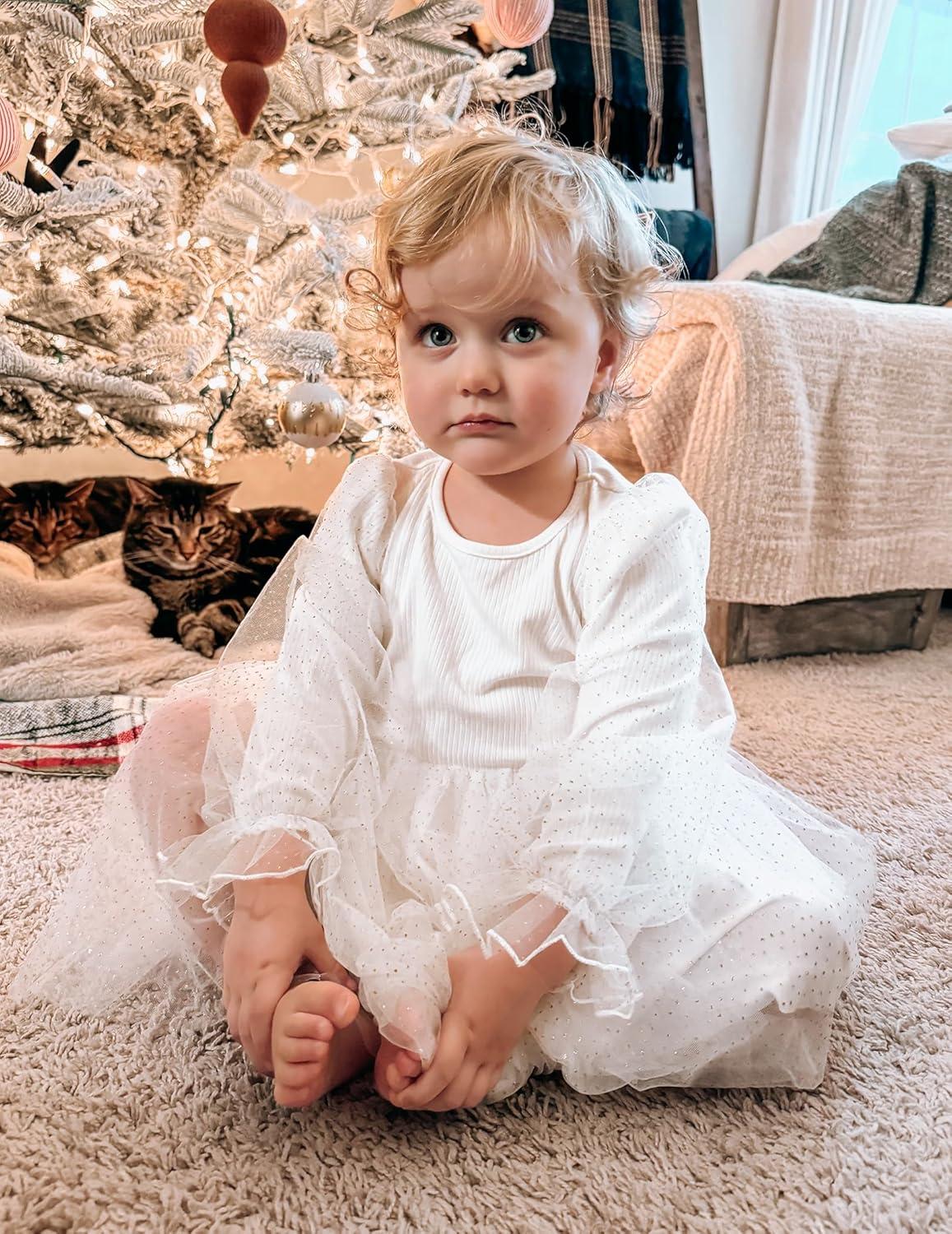 imageArshiner Toddler Christmas Dress Girls Sequin Tulle Puff Long Sleeves Tutu Dress Princess Birthday Party Clothes 16TWhite Glitter Tulle