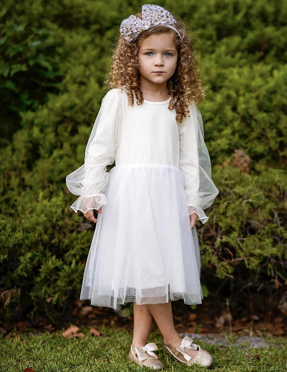 imageArshiner Toddler Christmas Dress Girls Sequin Tulle Puff Long Sleeves Tutu Dress Princess Birthday Party Clothes 16TWhite Glitter Tulle
